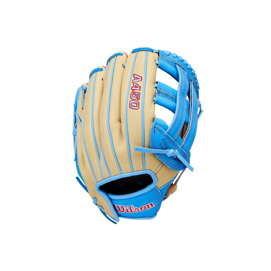 Wilson A450 Advisory Staff Left Hand Thrower 12'' (Blonde/Columbia Blue)